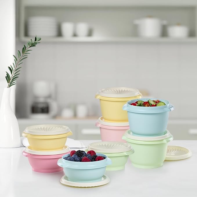 Tupperware Heritage Collection, New 16 Piece Food Storage Container Set in Vintage Colors, Dishwasher Safe and BPA Free (8 containers, 8 lids)