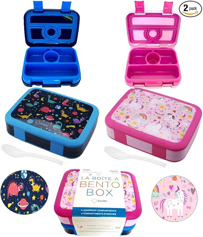 Bento Box Lunch Boxes for Kids Boys Girls, Snack Containers for Toddler Daycare, Pre-School Lunches, 4 Divided Compartments, Pink Unicorn + Blue Space Dinosaur 2 pack