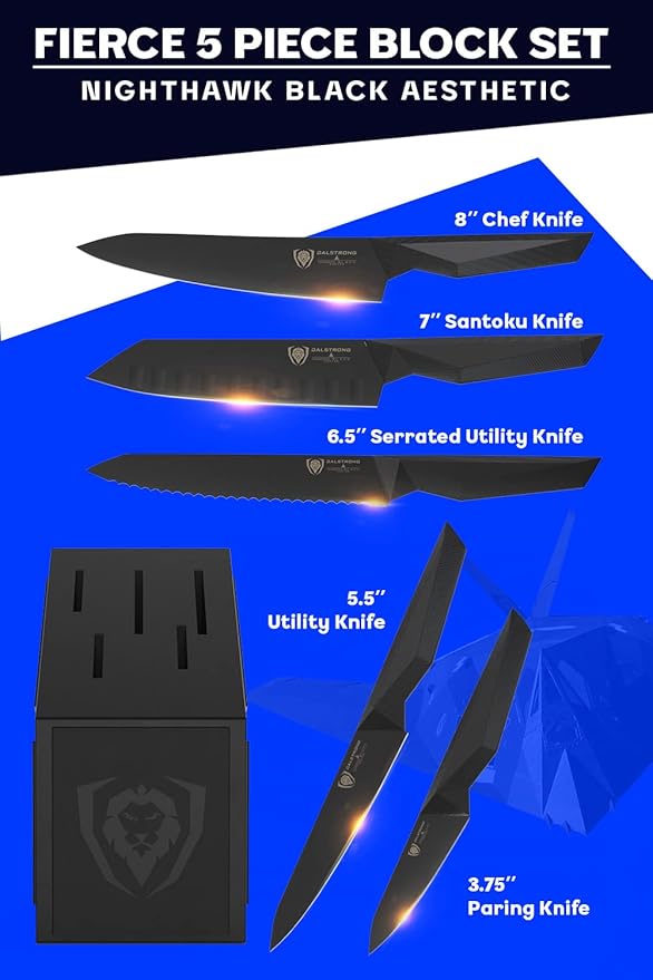 Dalstrong Knife Block Set - 5pc - Shadow Black Series - Black Titanium Nitride Coated - High Carbon - 7CR17MOV-X Vacuum Treated Steel - Sheath - Kitchen Knife Set with Block - NSF Certified