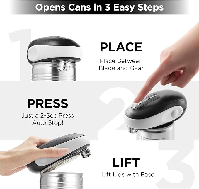 Kitchen Mama One-To-Go Electric Can Opener: One Touch, Auto Stop, Smooth Edge, Lid Lift, Safety, Automatic, Magnetic, Cordless, Battery Operated, Kitchen Appliance for Senior with Arthritis (White)