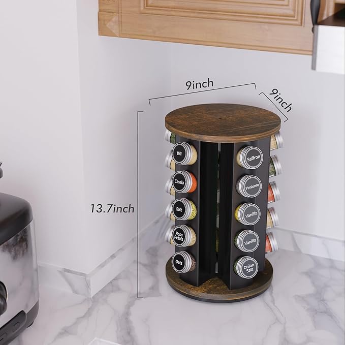 New England Stories Revolving Spice Rack Set with 25 Spice Jars, Kitchen Spice Tower Organizer for Countertop or Cabinet - Carousel Storage Includes 386 Spice Labels