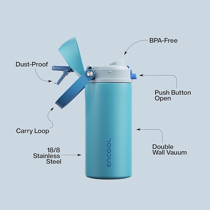 Insulated Water Bottle with Straw - Encool Stainless Steel Water Bottle with Push Button Lid, Leak-Proof & BPA-Free, Keeps Cold for 24 Hours for Sports, Travel, Gym (18 oz, Silk Blue)