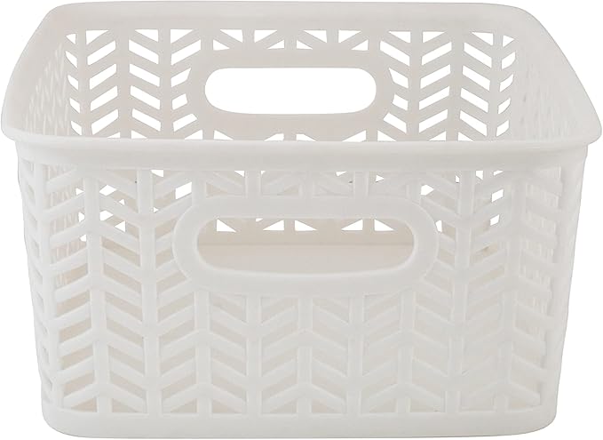 Simplify 3 Pack Small Herringbone Storage Basket | Dimensions: 10"x8"x4" | Light Weight | Two Open Handles | White | Organization | Many Uses | Kitchen Storage | Bathroom Storage |