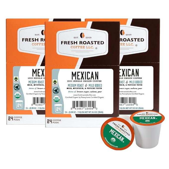 Fresh Roasted Coffee, Organic Mexican | Mold & Myco 3rd Party Tested, USDA Organic, Kosher | Medium Roast 72 Pods for K Cup Brewers