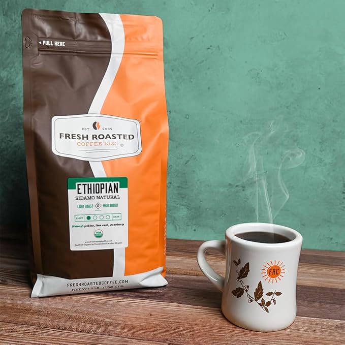 Fresh Roasted Coffee, Organic Ethiopian Sidamo Natural | USDA Organic, 100% Single Origin, Kosher | Light Roast 5 lb (80 oz) Whole Bean
