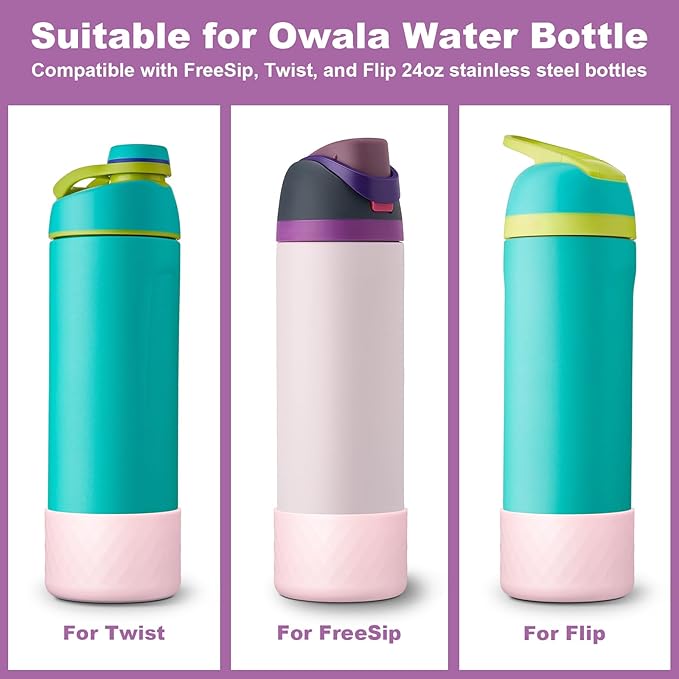 2PCS Silicone Water Bottle Boot for Owala 24oz, Protective Bottom Bumper Anti-Slip Sleeve for FreeSip, Twist, and Flip Stainless Steel Bottles, Dishwasher Safe and BPA Free(Pink)