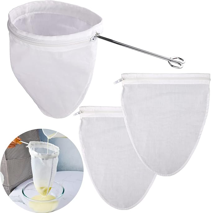 WMKGG Ultra Fine Mesh Strainer Bags, Reusable Filter Bags with Stainless Steel Handle Frame for Filter NutMilk, Coffee, Milk, Butter, Juices and Fresh Cheese (Large Size)