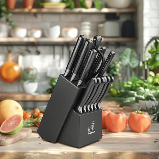 CHUSHIJI knife set with block and Sharpener, 15-Piece Premium Knife Block Set,Anti-slip Handle,Kitchen knife set with Built-in Sharpener,Gift Box Included, Grey