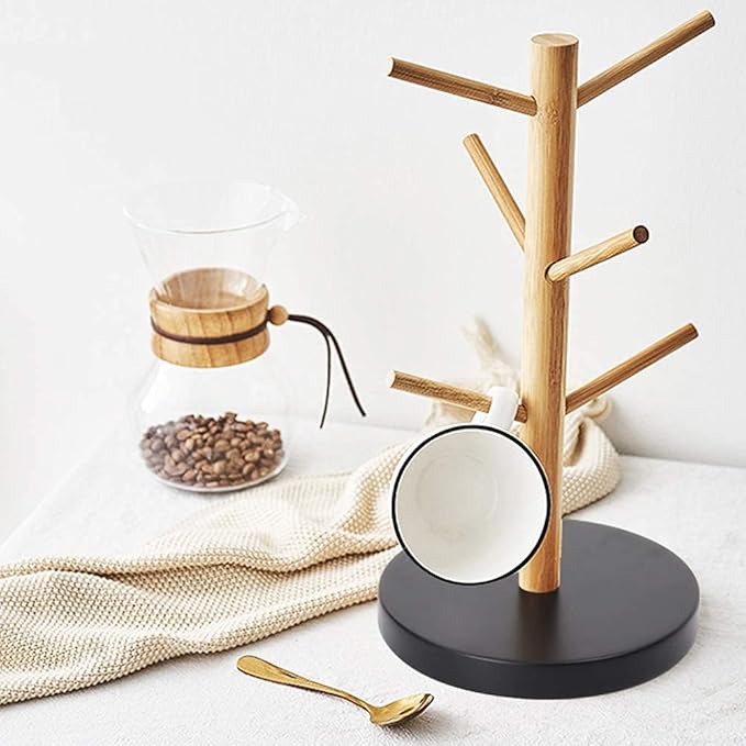 Wisuce Bamboo Coffee Mug Holder Tree, Thicker Base Coffee Cup Holder Stand for Counter, Mug Rack with 6 Hooks