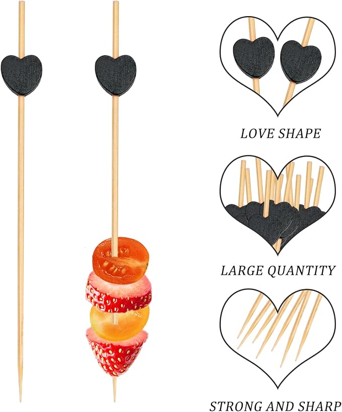 500 Pieces Black Heart Toothpicks 4.7 Inch Fancy Bamboo Cocktail Picks for Frozen Appetizers Long Fruit Charcuterie Drink Sticks Wedding Party Valentines Day Decoration Party Supplies
