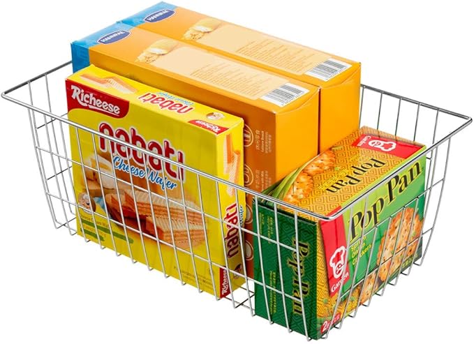 SANNO Farmhouse Freezer Bastets Organizer Bin Large Metal Wire Food Storage Organizer Bin Basket - for Kitchen Cabinets, Pantry, Bathroom, Laundry Room, Closets, Garage - Chrome, 3 pack
