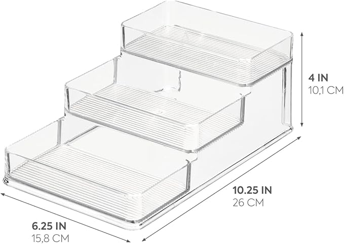 iDesign Recycled Plastic 3-Tier Stadium Spice Rack Organizer for Kitchen, Fridge, Freezer, Pantry and Cabinet Organization, The Linus Collection – 6.25" x 4" x 1.25", Clear