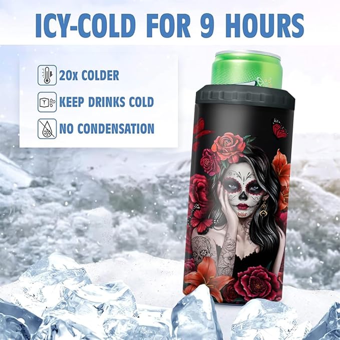 SANDJEST Sugar Skull Tumbler Sugar And Spice 4 in 1 12oz Tumbler Can Cooler Coozie Skinny Stainless Steel Tumbler Gift for Women Girl Friends Christmas Birthday Halloween