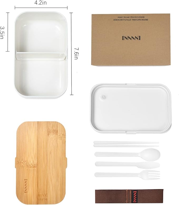 Bento Box Adult Lunch Box Containers - Japanese, Natural Bamboo Lid, Microwave safe, Dishwasher Safe, Small, Bpa free, Women, Cutlery & Chopsticks