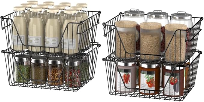 Slideep Wire Storage Baskets for Organizing, 4 Pack 14'' Stacking Metal Wire Freezer Organizer Bins with Handles, Large Pantry Baskets for Kitchen Cabinets, Bathroom, Laundry, Garage, Black