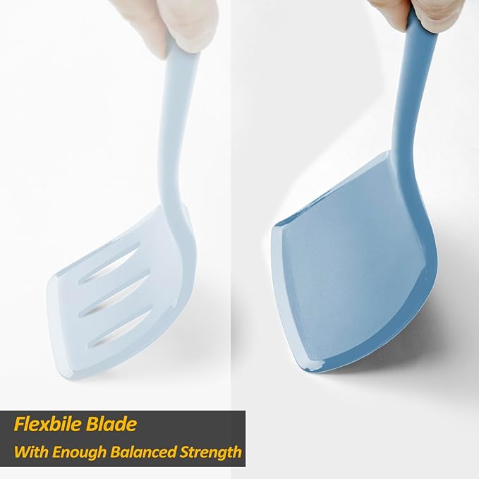 Silicone Pancake Spatula Turner with Lengthened Handle& Seamless Design, Heat Resistant Cooking Spatulas for Nonstick Cookware, Large Flexible Kitchen Utensils, Flipper for Egg, Pancake, Starry Blue