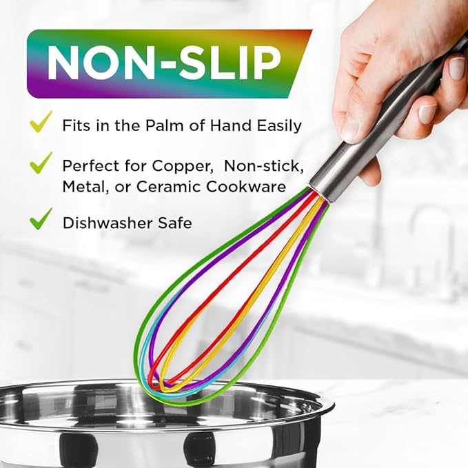 Silicone Whisk Set - Non-Scratch Set of 3 - Mini & Small Sizes - Stainless Steel Whisk - Cookware Wisking Tool