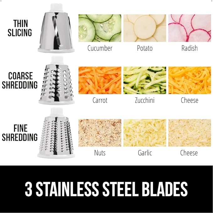 GORILLA GRIP BPA-Free Rotary Cheese Grater Hand Crank, Easy to Set Up, Strong Suction Base for Kitchen Countertop, Shred Potato, Vegetable, Nuts in Seconds, Round Mandoline Slicer, 3 Blades, Turquoise