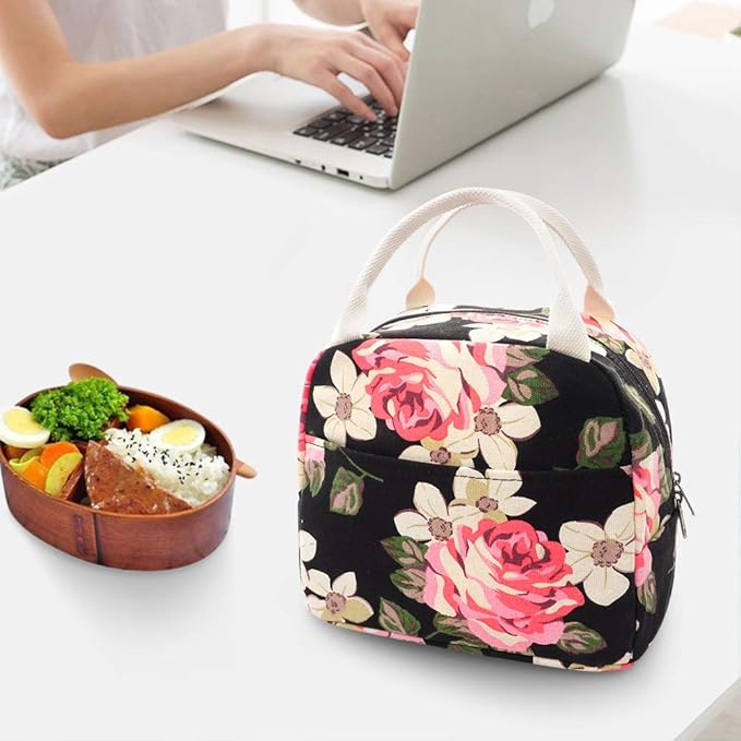 EurCross Floral Lunch Bag Classic for Women Girls, High Grade Cotton Canvas Insulated Lunch Box Bag Hold Bento Box or Round, Square and Uniquely Shaped Lunch Containers, Small Light Weight for Carry