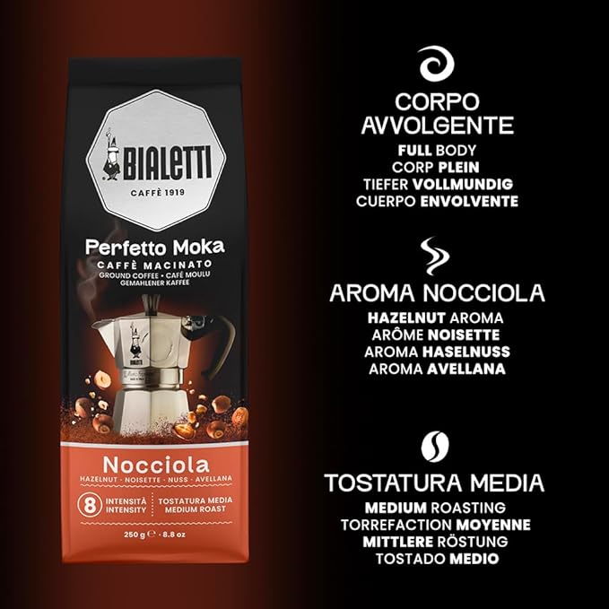 Bialetti - Perfetto Moka Nocciola: Medium Roasting Ground Coffee, Hazelnut Aroma, 8.8 Oz - 250g, Bag with Flavour-Saving Valve
