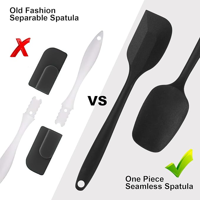 Silicone Spatulas Set of 6, Rubber Spoon Spatula Heat Resistant Spoonula One Piece Design Seamless Spatula Non-Stick Scrapers Baking Mixing Tool (Black)