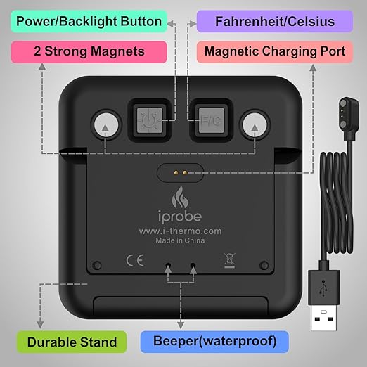 Dual Probe Rechargeable & Waterproof Digital Meat Thermometer for Food - Large LCD Backlight Cooking Thermometer for Kitchen Smoker Oven Grill BBQ Candy