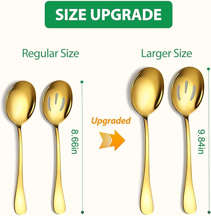 Stainless Steel Serving Spoons Set, 8pc, 10-Inch, Includes 4 Large, 4 Slotted, for Parties/Kitchen/Buffet/Catering, Dishwasher Safe, Gold