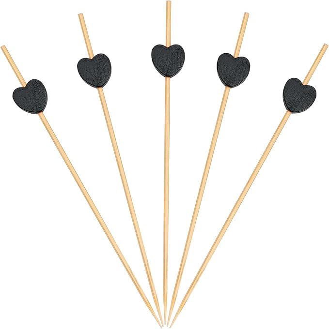 500 Pieces Black Heart Toothpicks 4.7 Inch Fancy Bamboo Cocktail Picks for Frozen Appetizers Long Fruit Charcuterie Drink Sticks Wedding Party Valentines Day Decoration Party Supplies