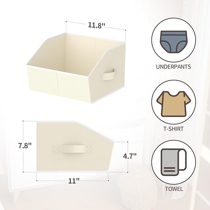 Storage Bins for Shelves - Small Trapezoid Closet Shelf Organizer, Fabric Organization Bins with Handles, Storage Baskets for Clothes, Towel, Purse, 6 Pack, Beige