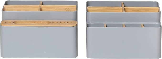 Seville Classics Bamboo Premium Organizer Storage Bins for Kitchen Silverware, Pantry, Closet, Office Desk, Pens, Utensils, Makeup, K Cup, Bamboo/Gray, Desk Caddy