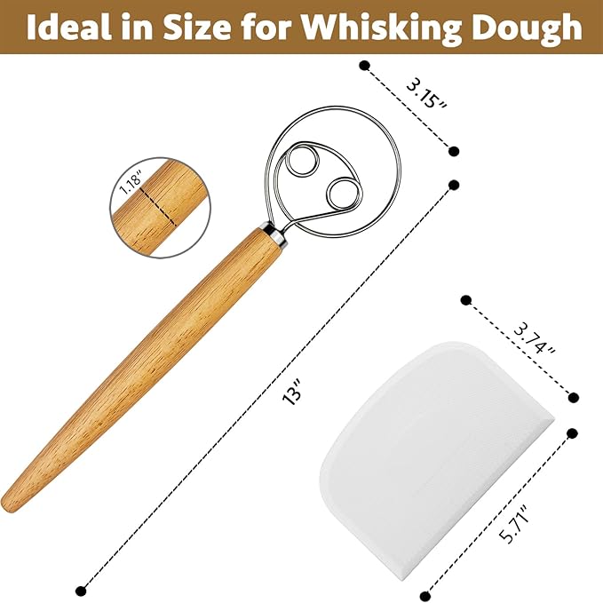 CAMKYDE 13-Inch Danish Dough Whisk and Scraper, Wooden Danish Whisks for Dough with 18/8 Stainless Steel Dough Hook, Sturdiness Dutch Bread Whisk for Sourdough, Pizza, Pastry, Cake Batter
