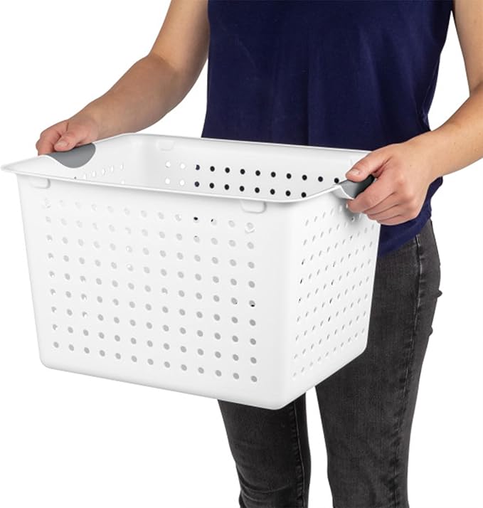 Sterilite Deep Ultra Basket, Closet Organizer Bin, Cabinets, Pantry, Shelving and Countertop Space Open Container, White, 18-Pack