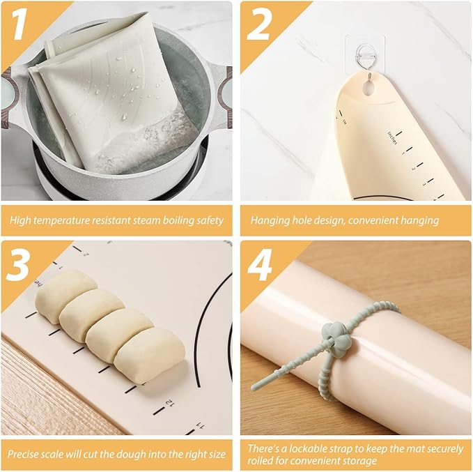 Silicone Pastry Mat 24"*16" Extra Thick Non Stick Baking Mat Food Grade Silicone Dough Rolling Bake Mat with Edge Heightening Cartoon Beige
