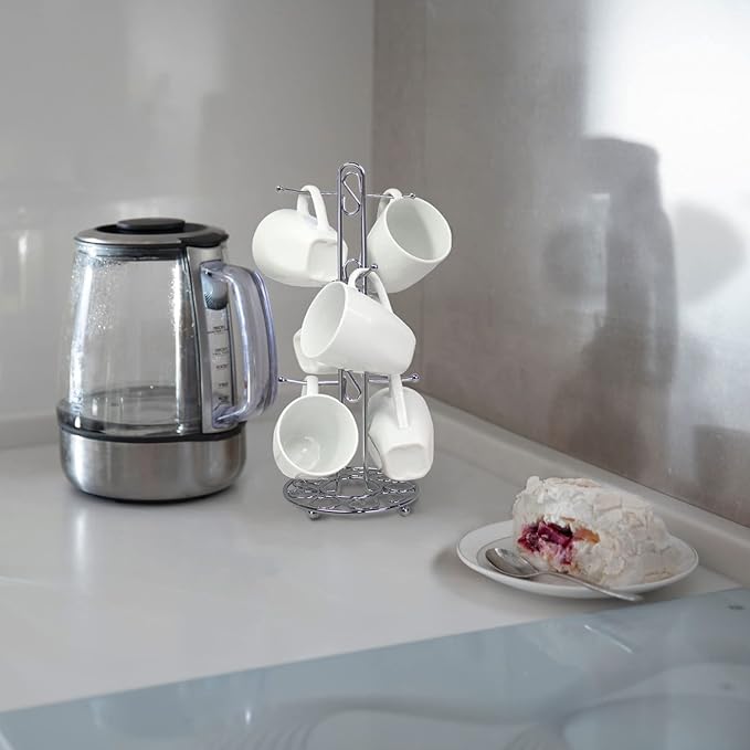 Blue Donuts Farmhouse Coffee Mug Rack, Coffee Mug Tree for 6 Mugs, Coffee Cup Holders for Counter, Chrome Coffee Cup Holder Countertop Organizer for Kitchen, Vintage Mug Rack
