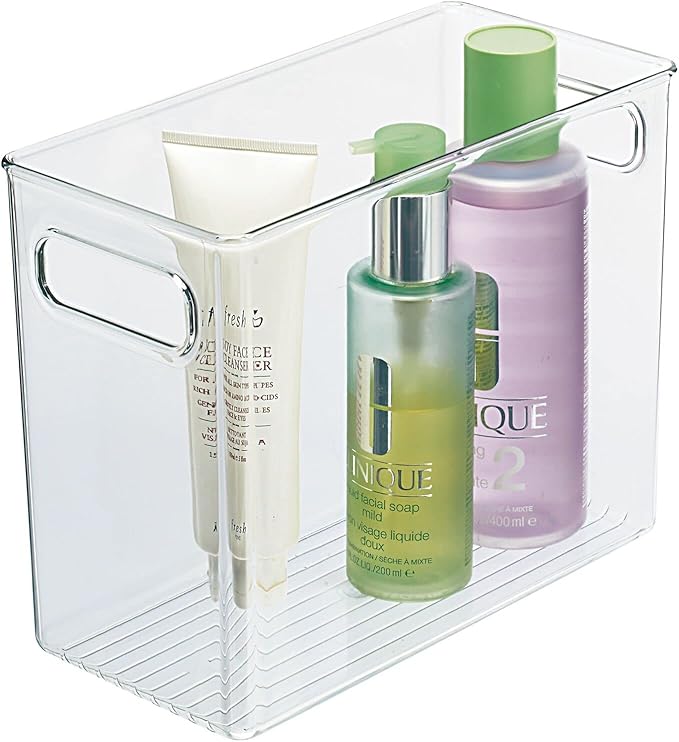 mDesign Tall Modern Stackable Plastic Storage Organizer Bin Basket with Handles for Bathroom Vanity Organization - Shelf, Cubby, Cabinet, or Closet Organizing Decor - Ligne Collection - Clear