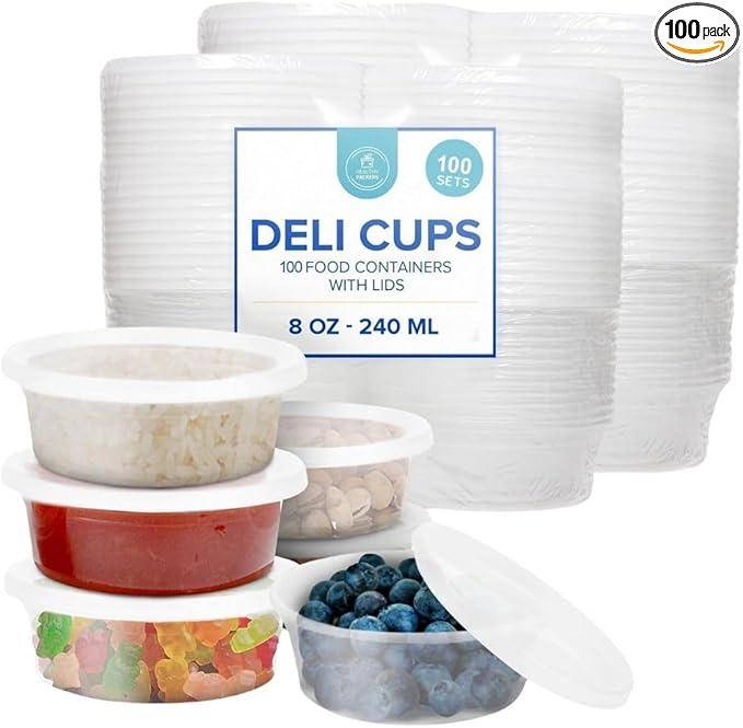Healthy Packers Plastic Deli Containers with Lids (8oz 100 Sets) - Clear Plastic Containers with Airtight Lids - Great for Your Slime Kit, Food - BPA Free | Leakproof - Microwaveable & Freezer Safe