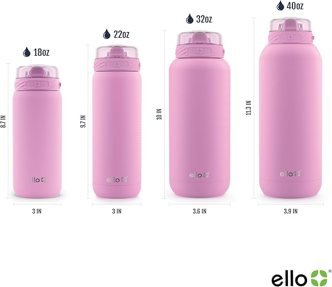 Ello Cooper 22oz Stainless Steel Water Bottle with Straw and Carry Handle, Double Walled and Vacuum Insulated Metal, Leak Proof Locking Lid with Soft Silicone Spout, Reusable, BPA Free, Bubblegum