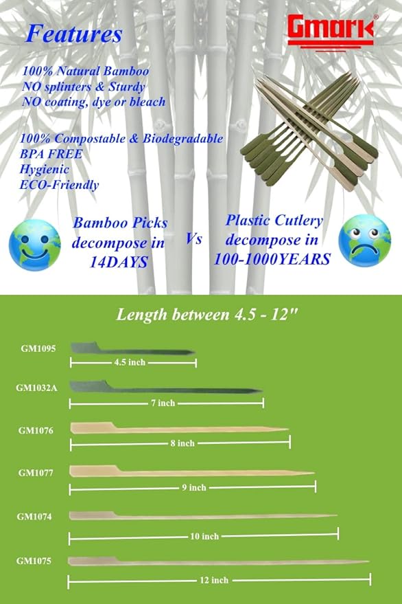 Gmark Bamboo Paddle Skewers 12" 100pc/Bag, Kabob Skewers, BBQ Skewers for Outdoor Grilling GM1075