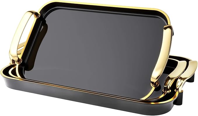 Serving Tray with Handles Set of 3 Rectangular Large Serving Platters 16.5/14.9/13.2 Inch White Plates for Dinner, Party, Entertaining, Black Gold