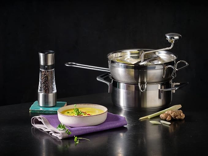 Rösle Stainless Steel Food Mill with Handle and 2 Grinding Disc Sieves, (16252)