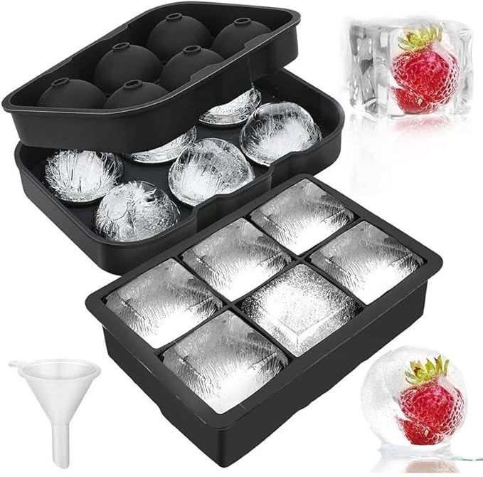 LessMo Ice Cube Trays Ice Ball Maker with Lids 2 Pack, Silicone Sphere Round Ice Mold & Large Square Ice Cube Molds Reusable & BPA Free for Freezer, Whiskey, Chilled Drinks, Black
