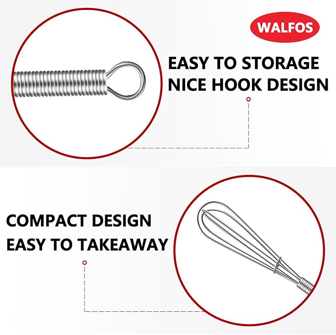 Walfos 6 Inch Mini Whisks, Small Whisks Bulk 304 Stainless Steel Set of 6, Tiny Whisk For Beating Eggs, Whisking, Blending Ingredients, Mixing Sauces