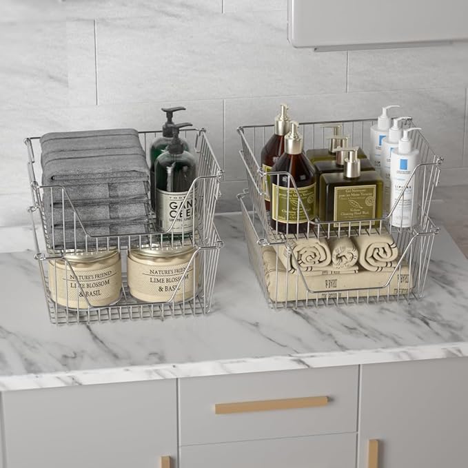 Slideep 14" Large Stackable Storage Baskets, Cabinet Organizer Sturdy Metal Wire Pantry Freezer Bin for Pantry Home Bathroom Kitchen Organization - Set of 8