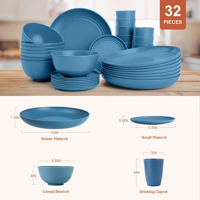 Dinnerware Sets for 8, Wheat Straw Bowls and Plates Set, Microwave and Dishwasher Safe Dish Sets 32 PCS, Unbreakable & Lightweight Camping Plates Cups and Bowls Set for Kitchen - Blue