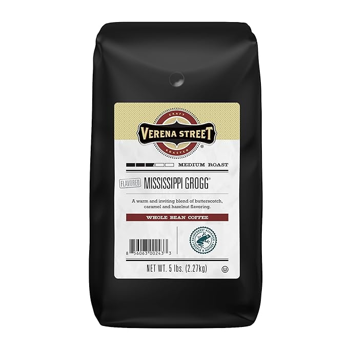 Verena Street 5 Pound Flavored Whole Bean Coffee, Mississippi Grogg, Medium Roast, Rainforest Alliance Certified Arabica Coffee