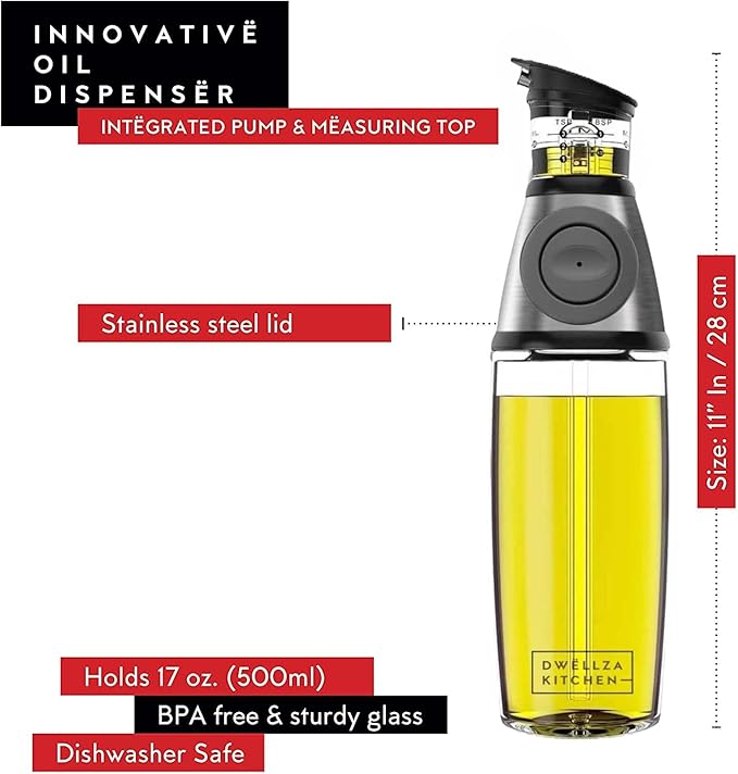 DWËLLZA KITCHEN Olive Oil Dispenser Bottle For Kitchen & Sprayer For Cooking - 2 In 1 Glass 17 Oz. Cooking Oil/Syrup Dispenser With Measurements & 6 Oz. Spray Bottle Set