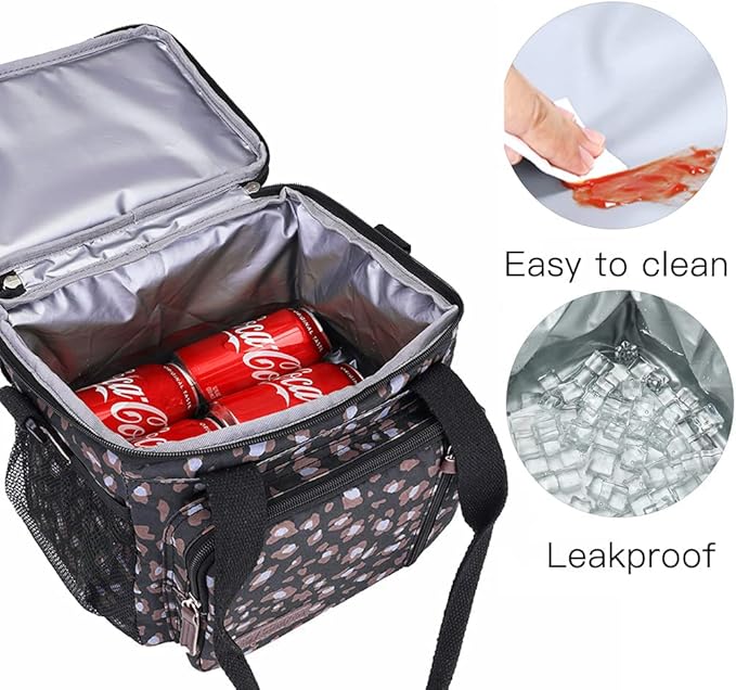 MOV COMPRA Leopard Lunch Bags for Women,Expandable Large Lunch Box,Leakproof Double Deck Lunch Box Cooler Tote Bag with Removable Shoulder Strap（Leopard Print）