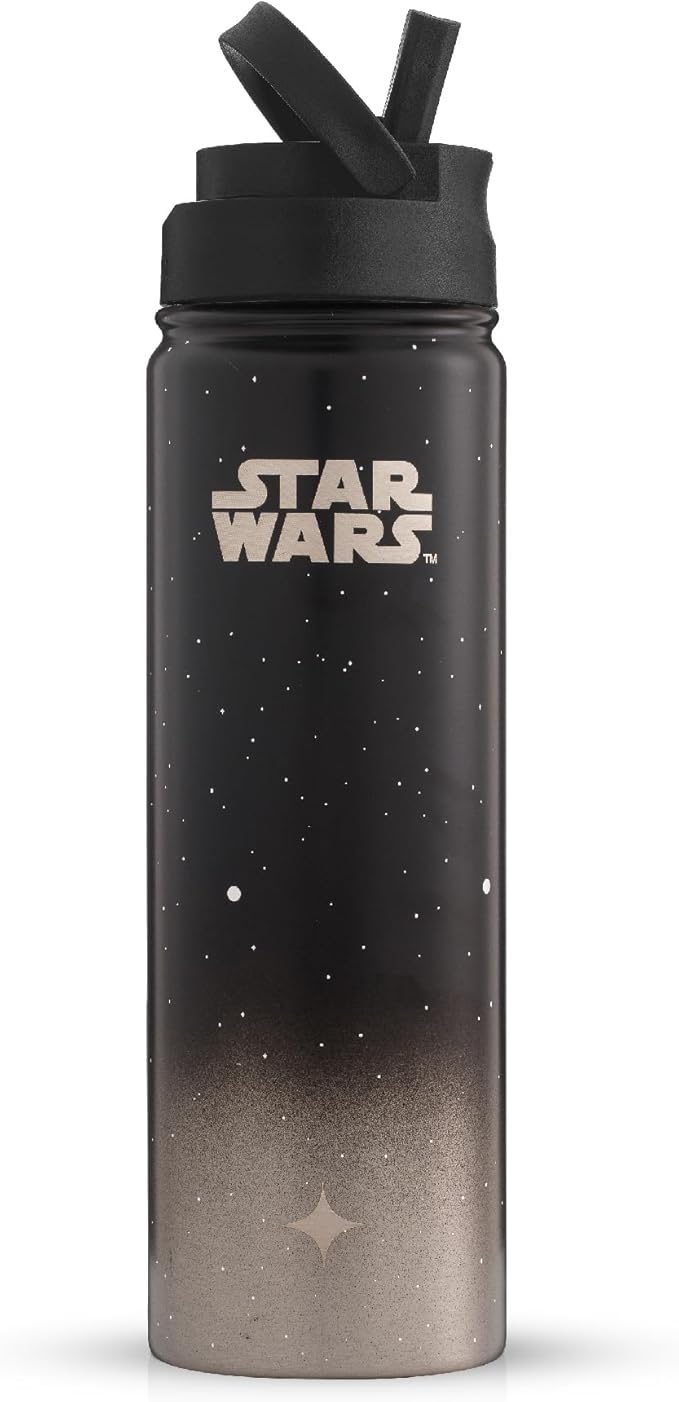 JoyJolt Stainless Steel 22 oz Star Wars Water Bottle with Straw Lid, BPA-Free Sports and Travel Vacuum Insulated Water Bottle, Destination Collection Death Star Bottle, Star Wars Gifts
