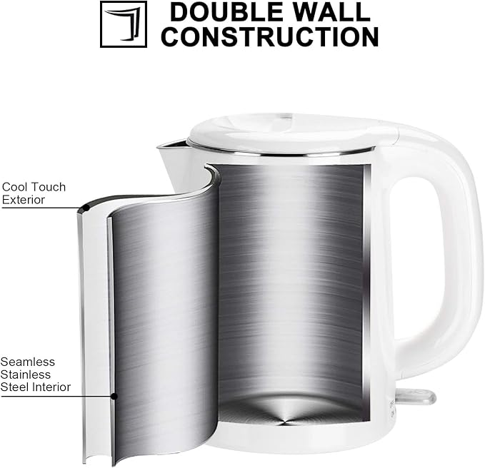 Secura Stainless Steel Double Wall Electric Kettle Water Heater for Tea Coffee w/Auto Shut-Off and Boil-Dry Protection, 1.0L (White) SWK-1001DW/HB-K012