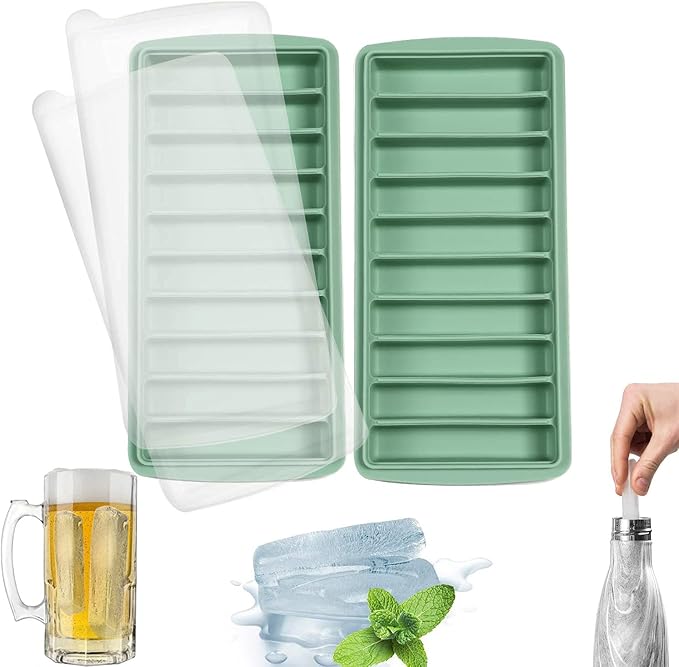 LessMo 2 PCS Ice Cube Tray, Long Ice Stick Tray Silicone with Lid, Rectangular Narrow Stick, Reusable, Flexible, Easy Release, for Small Mouth Sport Bottles, Juice Bottles, Cocktail Parties, Blue